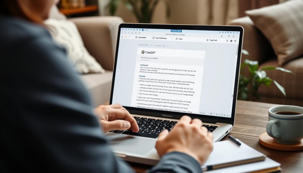 Копирайтер работает с ChatGPT для создания статьи, показывая применение ИИ в бизнесе Копирайтер работает с ChatGPT для создания статьи, показывая применение ИИ в бизнесе